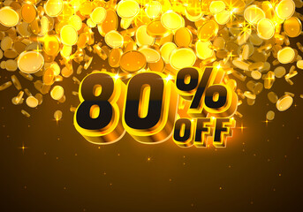 Sale 80 off banner, promotion discount flyer, Big win golden coins. Vector