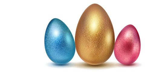 Three realistic Easter eggs with different surface texture in golden, blue and red colors. With shadow on white background