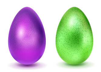 Two realistic Easter eggs with different surface texture in purple and green colors. With shadow on white background