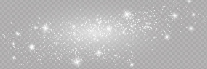 The dust sparks and golden stars shine with special light. Vector sparkles on a transparent background. - obrazy, fototapety, plakaty