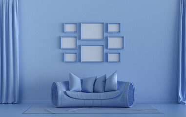 Minimalist living room interior in flat single pastel light blue color with 8 frames on the wall and furnitures and plants, in the room, 3d Rendering