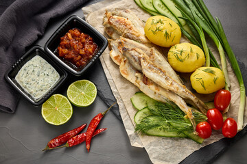 Fried smelts serving with potatoes, vegetables, lime and sauces. Grey slate background. Top view