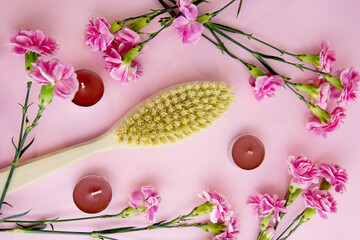 wooden brush with cactus bristles for anti-cellulite massage. Concept zero waste.