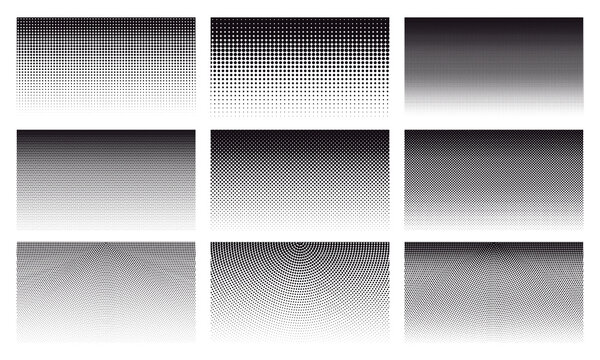 Gradient halftone dotted patterns. Abstract halftone dots gradient horizontal pattern. Dot spray texture gradient vector background illustration set
