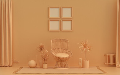 Single color monochrome orange pinkish color interior room with furnitures and plants,  4 poster frames on the wall, 3D rendering