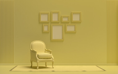 Mock-up poster gallery wall with 7 frames in solid pastel light yellow room with single chair, without plant, 3d Rendering