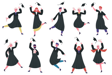 Obraz na płótnie Canvas Happy dancing graduates. Group of celebrating university or college graduates. Jumping and dancing graduating students vector illustration set