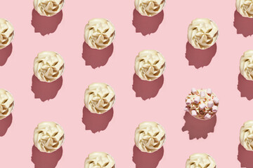 Milky cream cupcake. Birthday sweet bakery. Cookies. Yummy buttercream dessert. Wedding party food. Pink background. Holiday recipe. Anniversary gourmet. Many different. Marshmallow. Trendy pattern