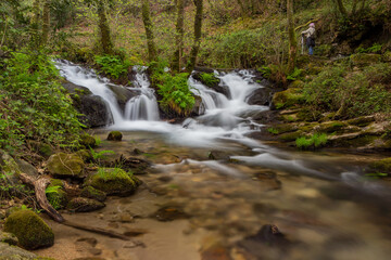 Fototapeta na wymiar waterfalls inside the forest with a photographer