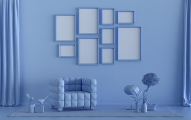 Modern interior flat light blue color room with furnitures and plants, gallery wall template with 9 frames on the wall for poster presentation, 3d Rendering