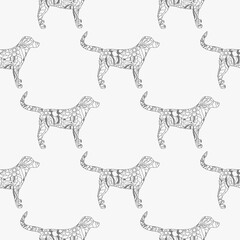 Dog. Seamless pattern. Boho style. Hand drawn dog with abstract patterns on isolation background. Zen art. Design for spiritual relaxation for adults. Design Zentangle. Art creative. Illustration