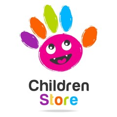 Kids logo art bright colorful paint print of the palm of baby hand with fingers.Design templates creative children's sign,symbol kindergarten,toys shop,kid clothing store,art school,kids play icon.