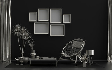 Poster frame background room in flat black and metallic silver color with 6 frames on the wall, solid monochrome background for gallery wall mockup, 3d rendering