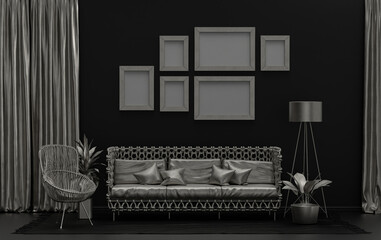 Poster frame background room in flat black and metallic silver color with 6 frames on the wall, solid monochrome background for gallery wall mockup, 3d rendering