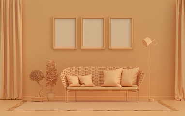 Gallery wall with three frames, in monochrome flat single orange pinkish color room with furnitures and plants,  3d Rendering