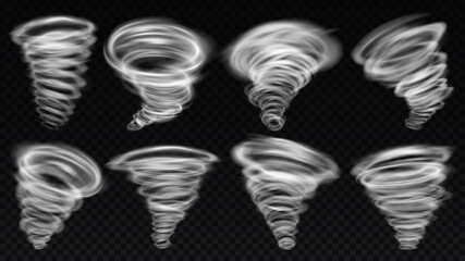 Realistic tornado storm funnel. Wind storm, tornado swirl and round vortex spiral. Whirlwind weather elements vector illustration set