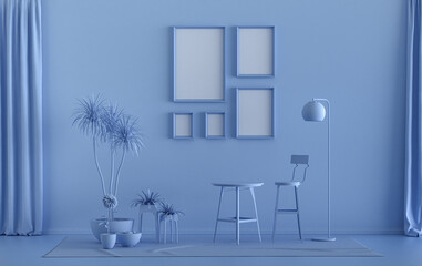 Single color monochrome light blue color interior room with furnitures and plants,  5 poster frames on the wall, 3D rendering