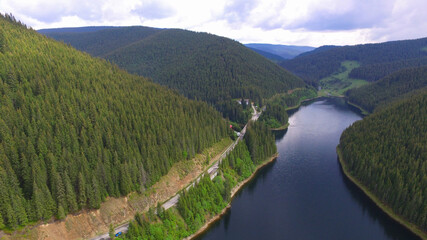 Aerial drone panorama of Vidra Lake's tail. A lake located into the wild fir forests pf Lotru Mountains, Carpathia, Romania.
