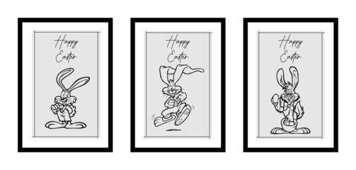 Three different design minimalist poster for happy easter in black frame with rabbit, typography - vector