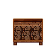 Fruit shop pixel art. Coconuts in a wooden crate. Coconut, food pixel art icon isolated on white background. Fruit stall. Showcase with Fruit waste. Vector illustration. Coconuts pixel art.