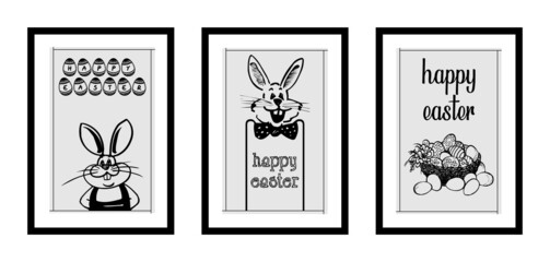 Three different design minimalist poster for happy easter in black frame with eggs,nest,rabbit, typography - vector