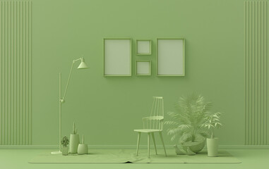 Single color monochrome light green color interior room with furnitures and plants,  4 poster frames on the wall, 3D rendering