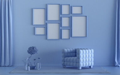Modern interior flat light blue color room with single chair and plants, gallery wall template with 9 frames on the wall for poster presentation, 3d Rendering