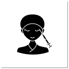 Neurotoxin injection glyph icon.Injection into corners of eyes. Eyes lifting.Rejuvenation. Full syringe. Beauty cosmetic procedure concept.Filled flat sign. Isolated silhouette vector illustration