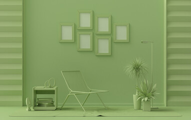 Poster frame background room in flat light green color with 6 frames on the wall, solid monochrome background for gallery wall mockup, 3d rendering