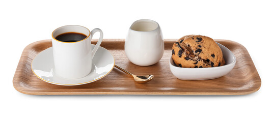 Wooden tray with tasty breakfast on white background