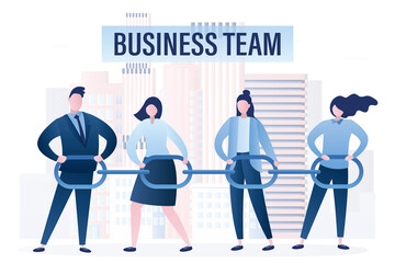 Business team holds chain. Successful teamwork, various business people or employees.