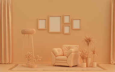 Flat color interior room for poster showcase with 5 frames  on the wall, monochrome orange pinkish color gallery wall with furnitures and plants. 3D rendering