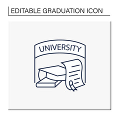 University graduation line icon. Successful training completion. Books and graduate hat. Diploma.Masters degree. Graduation concept.Isolated vector illustration.Editable stroke