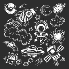Vector set of cosmos illustrations on dark background. Rocket space shuttle, astronaut, stars, UFO, moon, satellite, planets, sun. Doodle universe. Astronomy sketch.