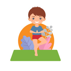 Cute chibi boy doing yoga on background with pattern. Cartoon flat style