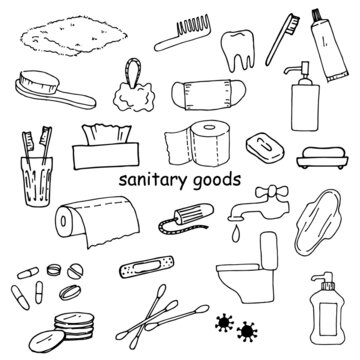 Set Of Vector Drawings In The Style Of Doodle. Sanitary Items, Hygiene, Cleanliness, Body Care. Cotton Swabs, Toilet Paper, Pads, Tampons, Soap And Other Household Items