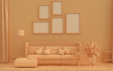 Single color monochrome orange pinkish color interior room with furnitures and plants,  5 poster frames on the wall, 3D rendering