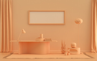 Fototapeta na wymiar Single Frame Gallery Wall in orange pinkish color monochrome flat room with office desk, furnitures and plants, 3d Rendering