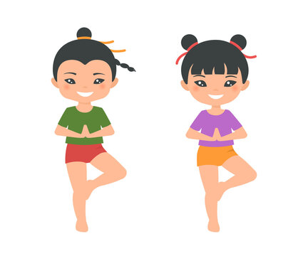 Cute chinese chibi boy and girl doing yoga isolated on white background. Cartoon flat style