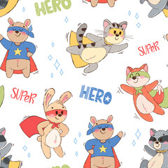 Seamless pattern with cute animals superheroes. Texture of hand drawn characters: teddy bear, hare, fox, cat, raccoon. Background for children's book, print, poster, wallpaper, textile, fabric.