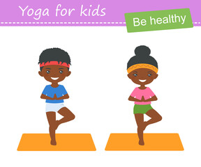 Cute african american chibi boy and chibi girl practice yoga isolated on white background. Cartoon flat style