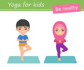 Cute muslim chibi boy and girl practice yoga isolated on white background. Cartoon flat style