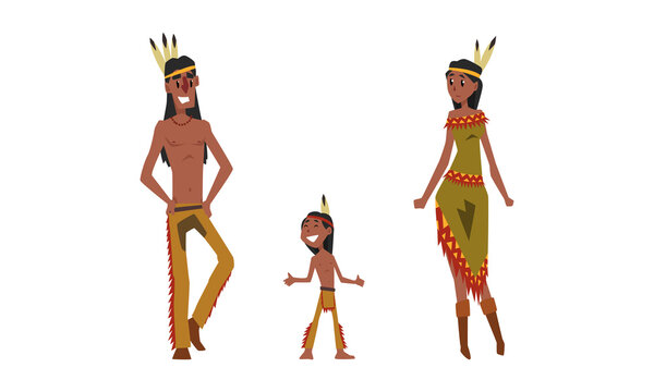 Native American Indians in Traditional Ethnic Clothes with Feathers in Their Head Vector Set