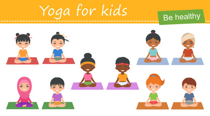 Yoga for kids.Set of cute chibi girls and boys of different nationalities doing yoga.  Cartoon flat style