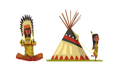 Native American Indians in Traditional Ethnic Clothes with Feathers in Their Head Vector Set © topvectors