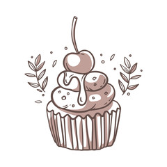 Cream cupcake with cherry and jam. A beautiful confection. Festive pastries, sweets. Elegant line drawing, abstract spots. Postcard with cake, banner design. Vector illustration in a hand-drawn style