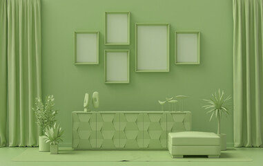 Single color monochrome light green color interior room with furnitures and plants,  5 poster frames on the wall, 3D rendering