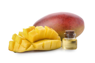 Bottle with essential oil and fresh mango on white background