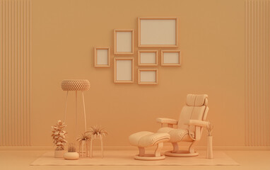 Mock-up poster gallery wall with 7 frames in solid pastel orange pinkish room with furnitures and plants, 3d Rendering