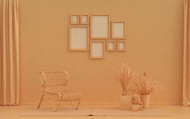 Modern interior flat orange pinkish color room with single chair and plants, gallery wall template with eight frames on the wall for poster presentation, 3d Rendering